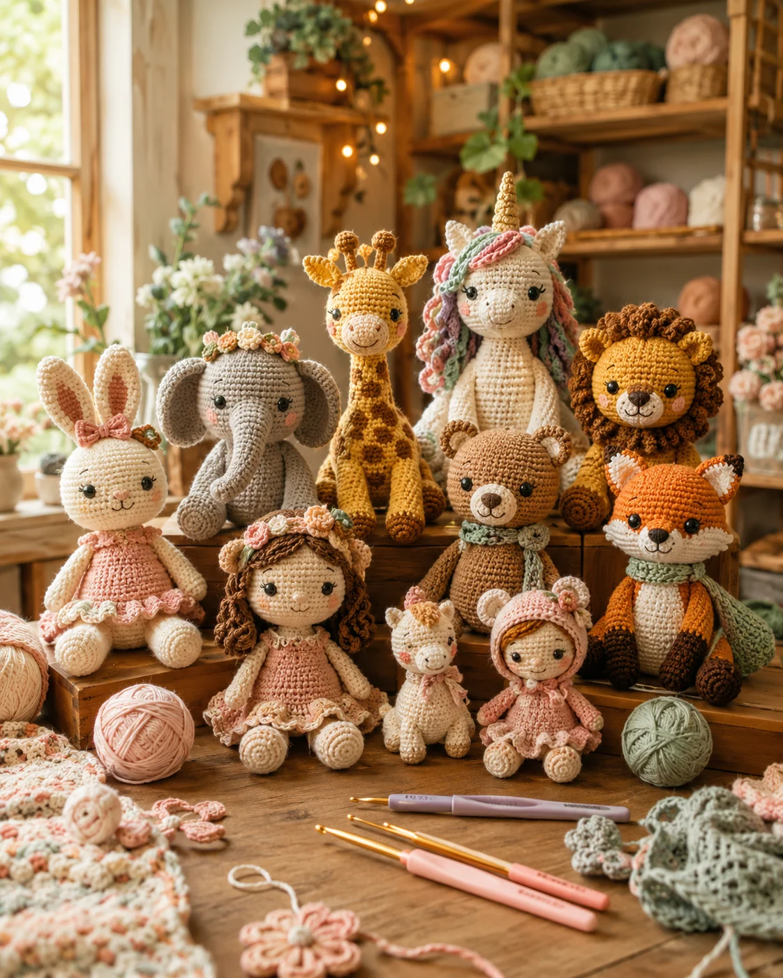 Amigurumis fofos em uma mesa artesanal