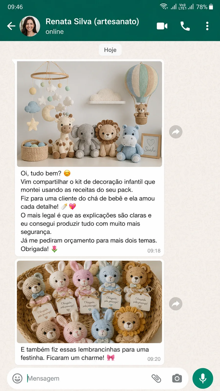 Depoimento no WhatsApp de cliente mostrando decoração infantil e lembrancinhas de amigurumi